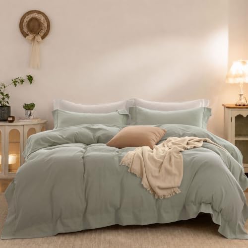 Duvet Cover Set Washed Cotton Embroidered Hem Queen 3‐Pcs