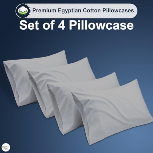 100% Egyptian Cotton Standard Size Pillowcases Set of 4, Light Grey