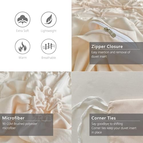Beige Queen Size Duvet Cover Set with Pinch Pleat Flower Design, 3 PCS