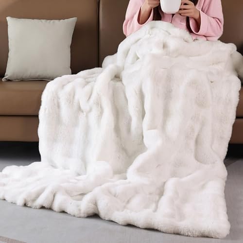Cream Beige Faux Fur Throw Blanket for Couch, Snuggly Double-Sided