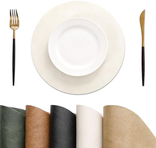 MOSAYT Vinyl Faux Leather Round Placemats Set of 4, 13 Inch, Beige