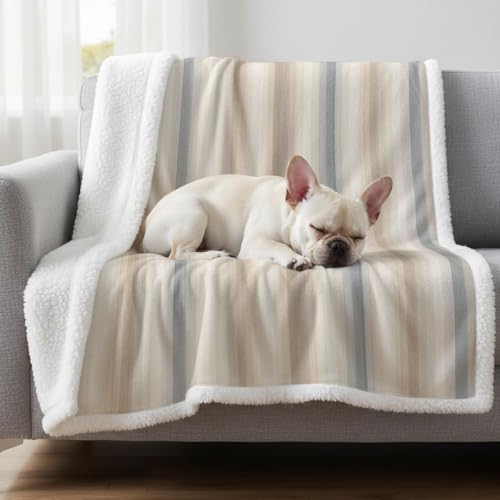 Fleece Sherpa Bed Blankets, Brown Gray Striped Microfiber Plush