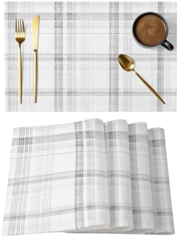 Cloud Gray Placemats Set of 8, Pale Silver Grid Checkered Farmhouse
