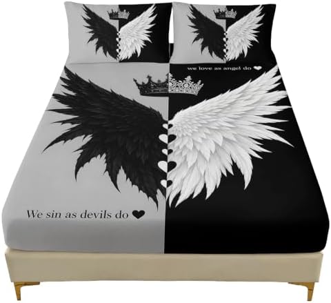 AILONEN Crowned Feather Wings Fitted Sheet Set Twin XL, Black White