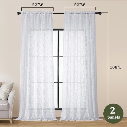 OVZME White Sheer Curtains 108 inches Long 2 Panels for Living Room