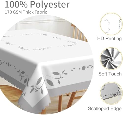 60x120inches White Grey Rectangle Tablecloth Minimalism Grey Leaves
