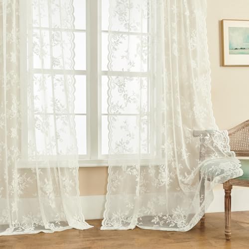 Cream Lace Curtains 120 Inches Long 2 Panels Victorian Floral Sheer