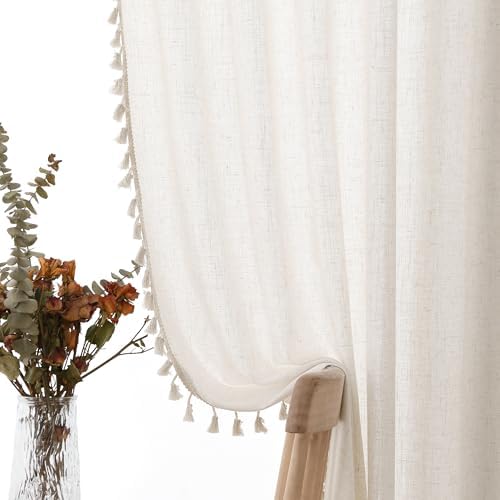 Light Beige Boho Linen Blend Curtains 96 Inches Long 2 Panels Textured