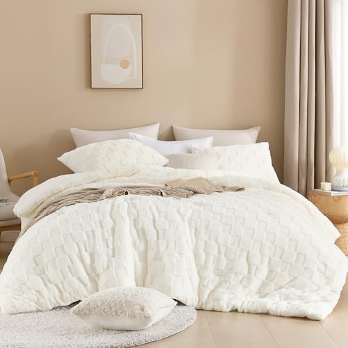 Litanika Fluffy King Comforter White Cream, 3Pcs Warm Sherpa Fleece