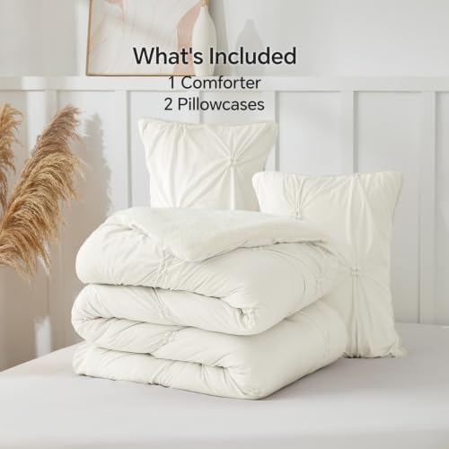 BEDELITE Fluffy Sherpa King Comforter Set,Pintuck-Cream