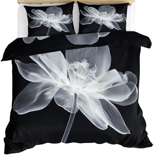 Flowers Bedding Sets Queen, Gray Floral Duvet Cover, Minimalist