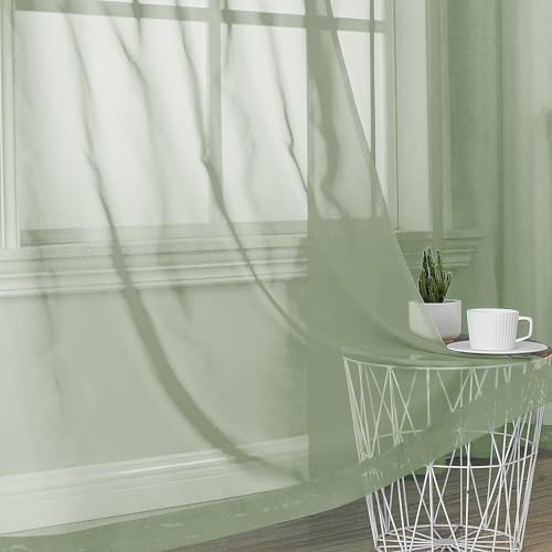 OVZME Light Green Sheer Curtains 63 inch Length 2 Panels Set for