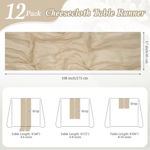 YMHPRIDE 12 Pack Beige Cheesecloth Table Runner 17x108in Gauze Table