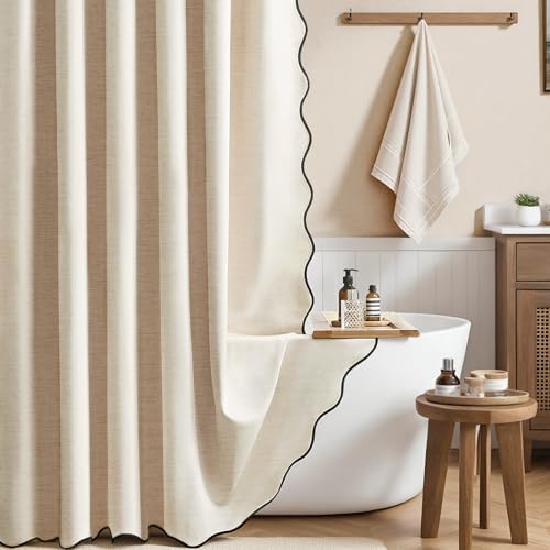 BTTN 108x72 Boho Scalloped Linen Textured Cloth Shower Curtain