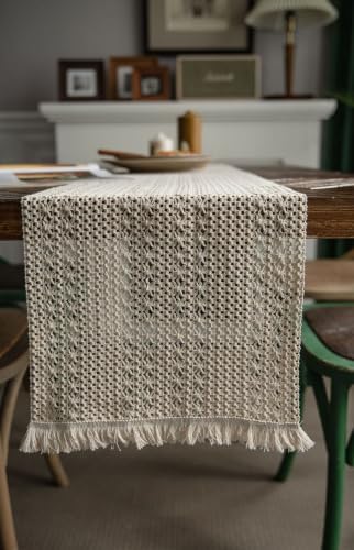 Farmhouse Table Runner 118.1 Inch Long,Soft Cotton Linen Blend,Beige