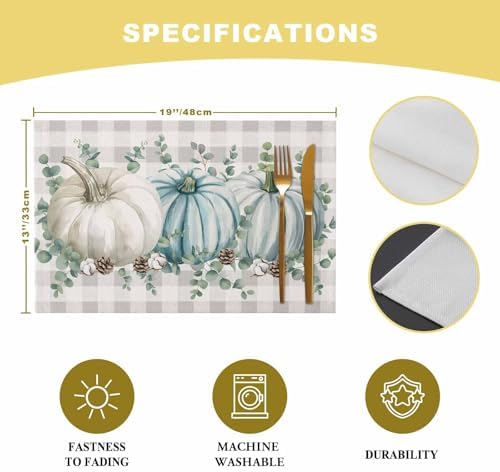 Placemats Set of 8, Vintage Thanksgiving Autumn Pumpkin Washable Table