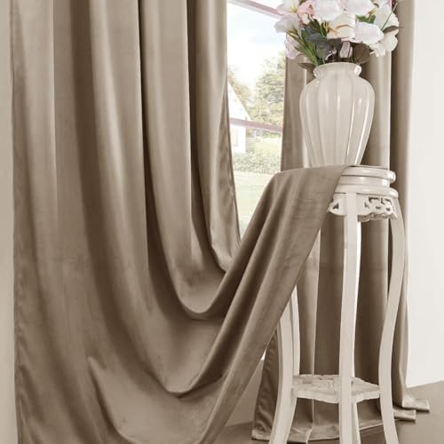 Timeper Taupe Velvet Blackout Curtains 52x84 inches, 2Pcs, Back Tab