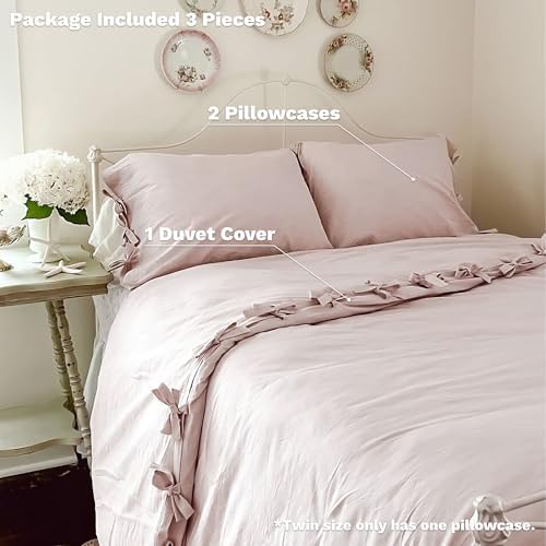 BISELINA 100% Washed Cotton Duvet Cover Set 3pcs with Bowknot Ties