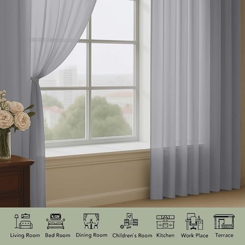 OWENIE Grey Sheer Curtains 96 Inch Long 2 Panels for Living Room 59"