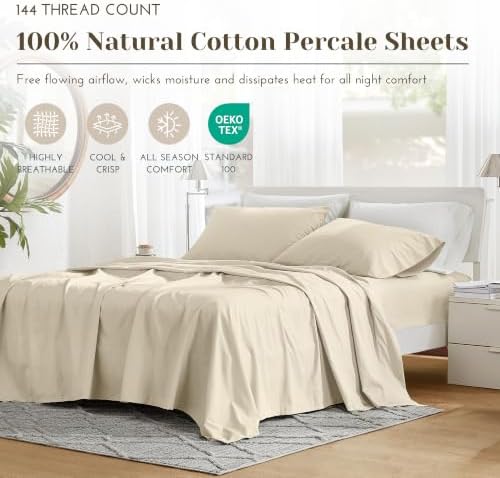 Comfort Spaces 100% Cotton Percale Sheets Twin Sheet Set 3 Pcs, Cream