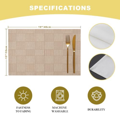 Minimalist Gingham Placemats Set of 8, Rustic Woven Grid Lines Beige
