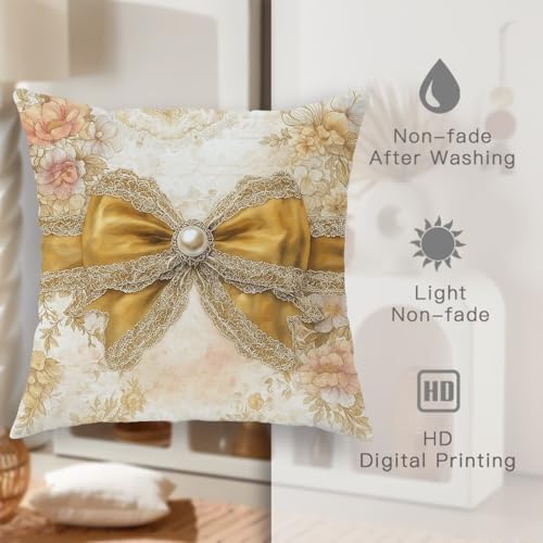 Vintage Floral Throw Pillow Covers Set of 2, Cream and Gold Decorative