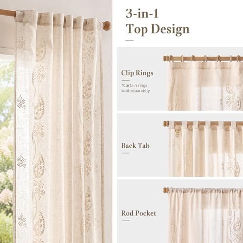 jinchan Linen Curtains 63 Inch Ivory Floral Drapes Back Tab 2 Panels