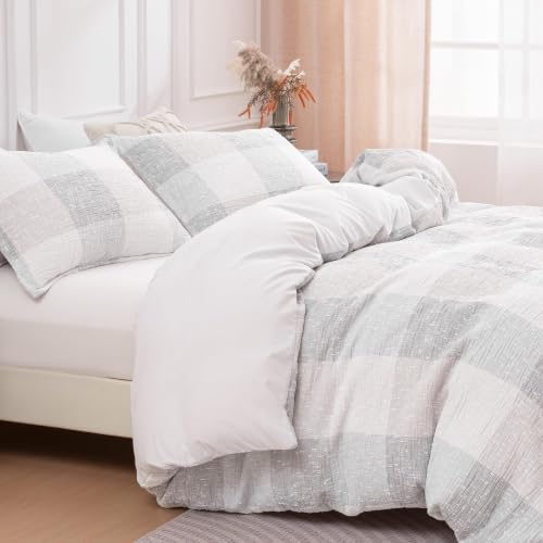 SLEEP ZONE Duvet Cover Set Queen, Modern Grid Jacquard Bedding Set