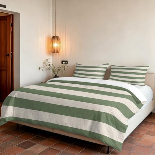3 Pieces Duvet Cover California King Bedding Sets Sage Green Stripe