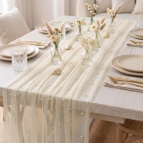 Beige Pearl Gauze Table Runner 120 Inch 10PCS, Dining Wedding Table