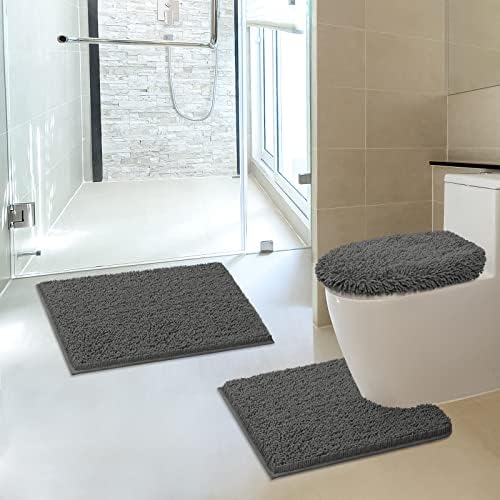 Bathroom Rugs 3 Sets, Non Slip Washable Chenille Bath Mat, Charcoal