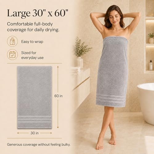 Velqora Large 100% Cotton Bath Towels 4 Pack, 30x60 in, Light Gray