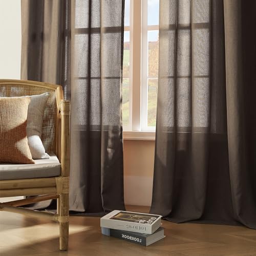 DONREN Linen Blend Back Tab Curtains Semi Sheer 50 x 96 Inch Brown