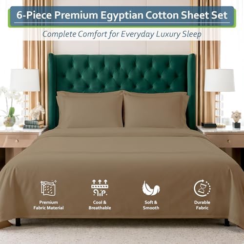 Full XL 6 Piece Egyptian Cotton Sheet Set, 16 Inch Deep Pocket, Taupe