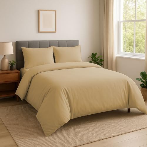 3 Sided Zipper Duvet Cover Set Queen Size Beige – Soft 100% Egyptian