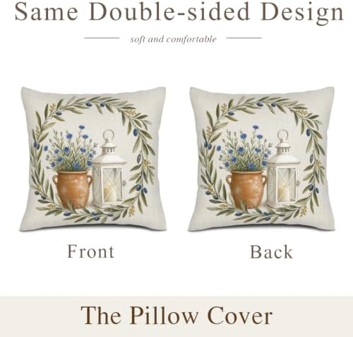 InkRain Farmhouse Harvest Pillow Cover Airy Olive Lantern Wreath Scene