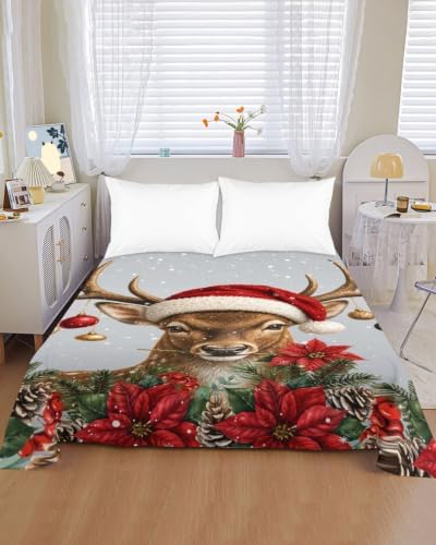 Cal King Size Flat Sheet Only, Christmas Poinsettia Pinecone Bed Top