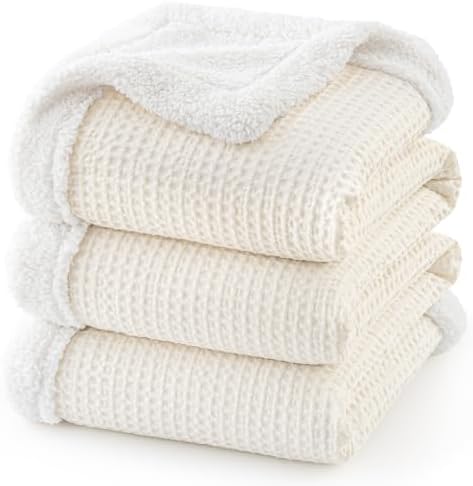 PHF Waffle Sherpa Blanket King Warm for Winter, 104"x90", Cream