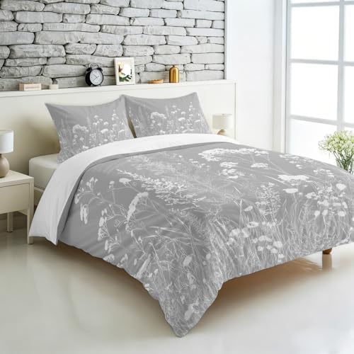 3 Pieces Bedding Set Queen Size, Grey Spring Floral Soft Duvet Covers