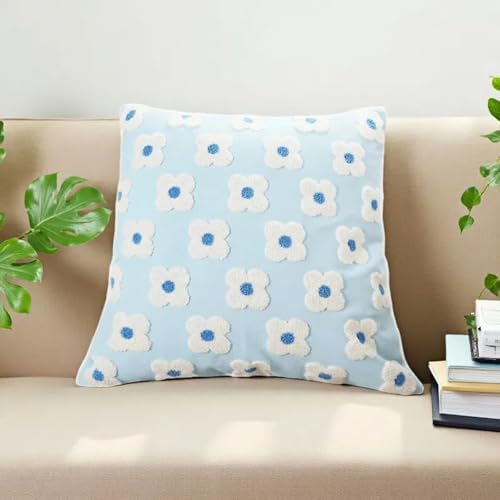 DECOBIRD Embroidery Throw Pillow Cover 20x20 Light Blue Floral Design