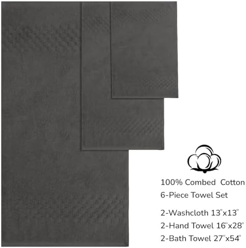 Feather & Stitch 100% Cotton 625 GSM Bath Towel Set of 6, Dark Grey