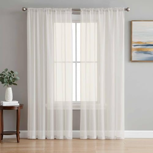Solid Color Sheer Curtains 108 Inches Long 2 Panels, Semi Sheer Rod