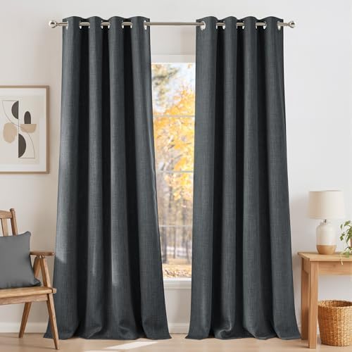 NICETOWN Faux Linen Charcoal Gray Blackout Curtains 84 inches Long