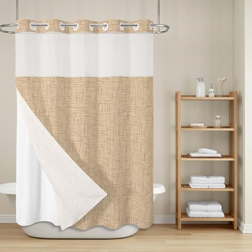 Light Tan Linen Weave No Hook Shower Curtain with Snap in Liner