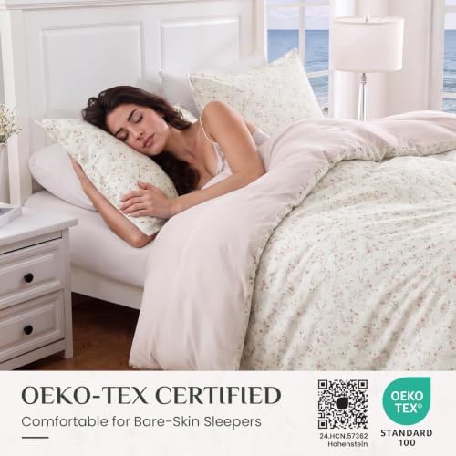 JOLLYVOGUE Floral Duvet Cover Queen, 3Pcs Reversible Beige Duvet Cover