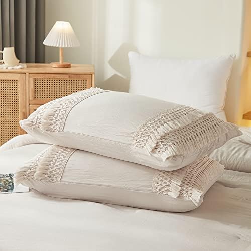 Beige Pillowcases, Macrame Tassel Pillow Cases Set of 2, 100% Washed