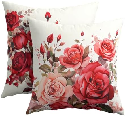 Kawani Red Rose Flowers Pillow Covers 18x18 Inch Set of 2 Valentines
