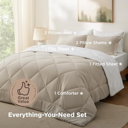 Bedsure Queen Bed in a Bag Reversible Bed Set 7 Pieces Beige/White