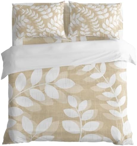 Beige Leaves California King 4 Piece Duvet Cover Set, Farmhouse Branch
