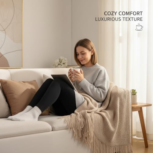 Chenille Throw Blanket Soft Cozy Lightweight Cream Knitted Blanket for